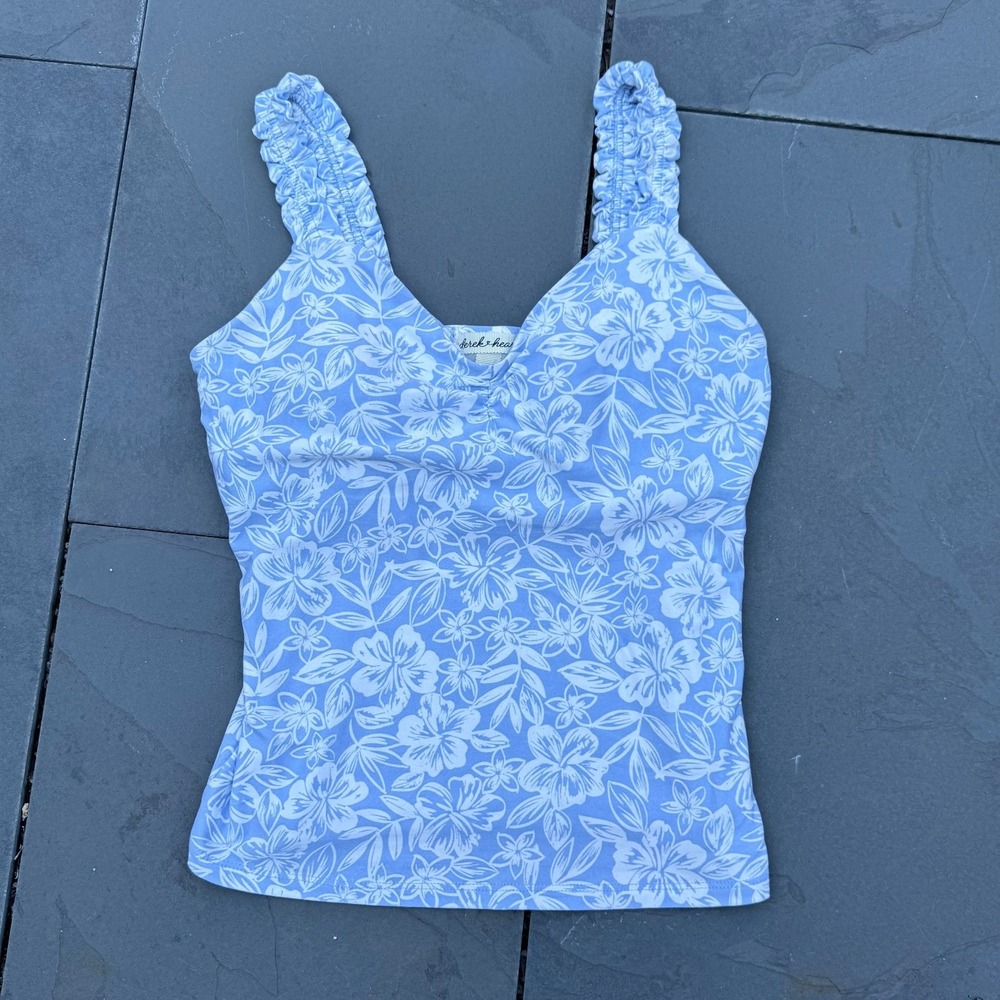 Derek Heart Tank Top Women Size M Blue Floral Ruched Ruffle Straps V-Neck